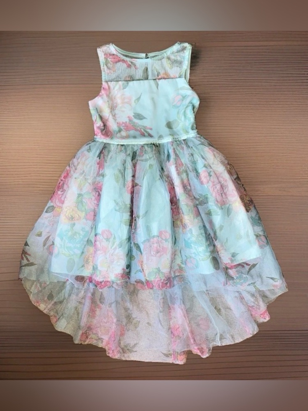 Zunie Girl Mint Floral Special Occasion Dress w/High-Low Mesh Overlay | Size 4/5